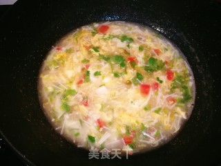Enoki Mushroom and Mustard Egg Drop Soup recipe