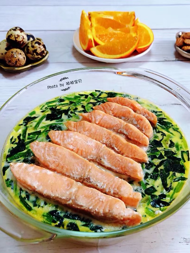 Steamed Custard with Salmon and Spinach recipe