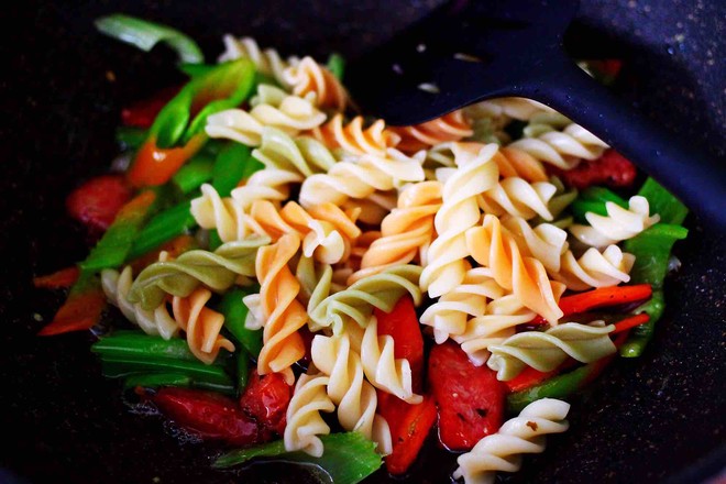 Stir-fried Pasta with Seasonal Vegetables and Basil recipe