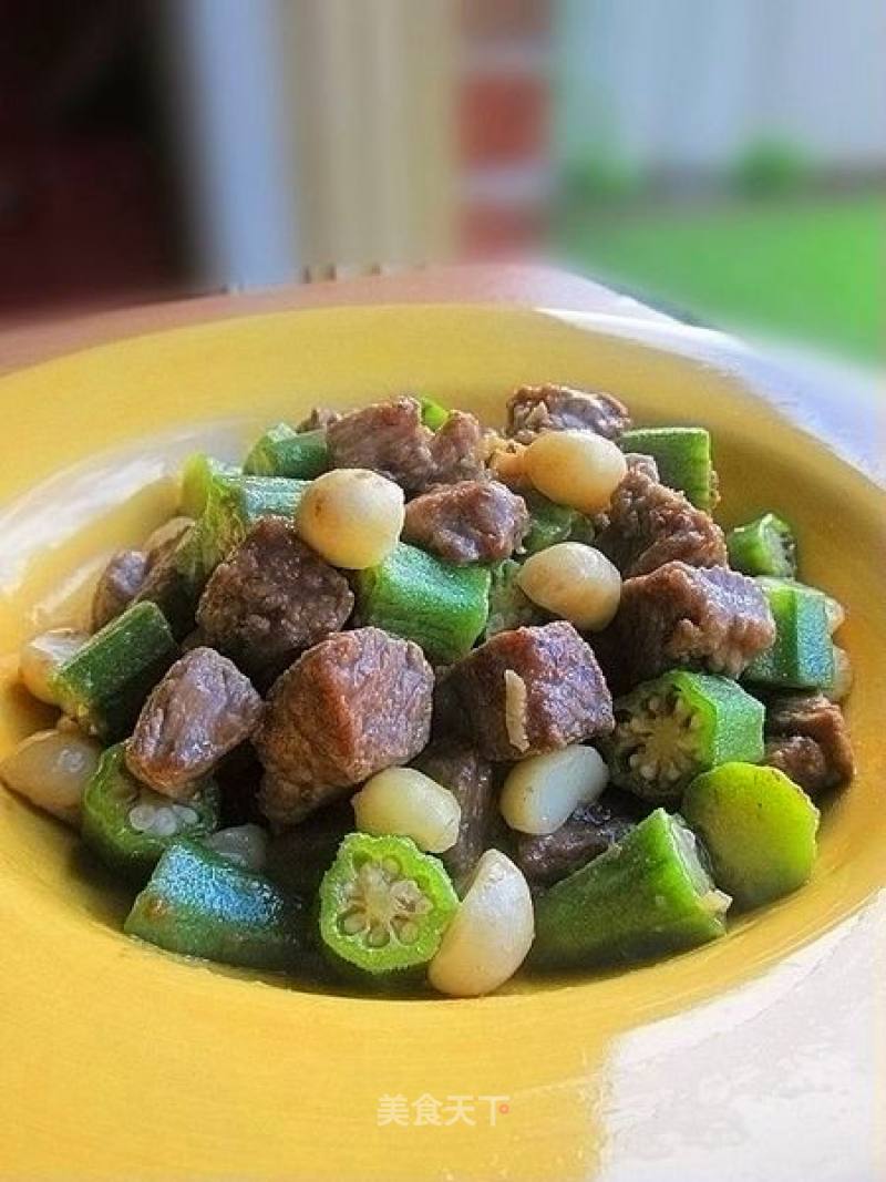 Fried Beef Cubes with Okra Nuts recipe