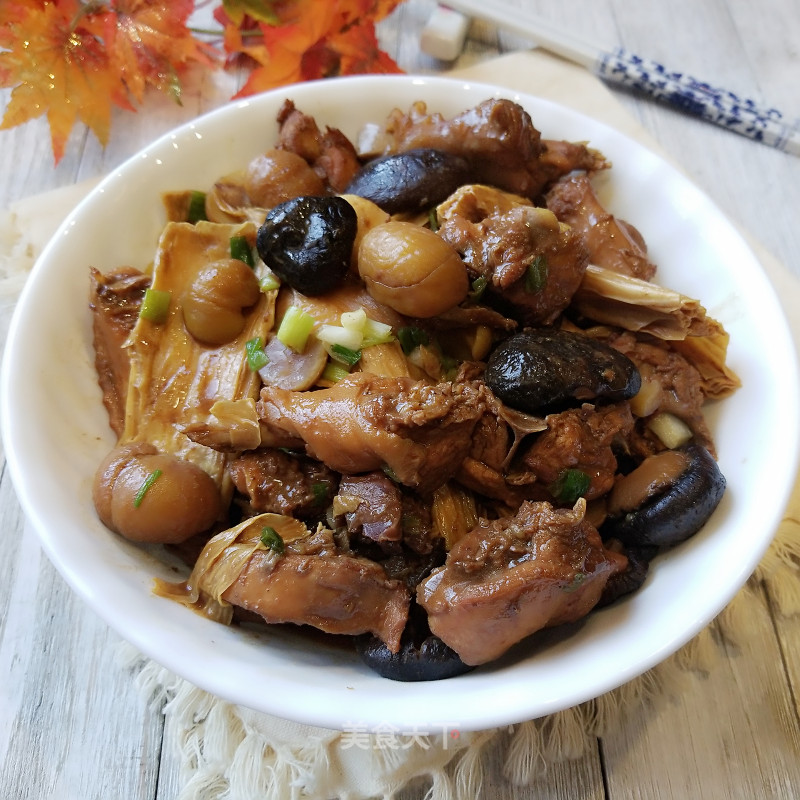 Braised Chicken with Mushrooms, Yuba and Chestnuts recipe