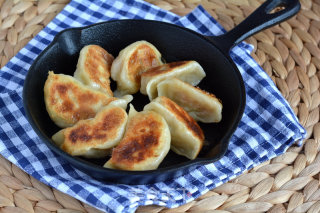 Fried Dumplings with Zucchini Steak and Fork recipe