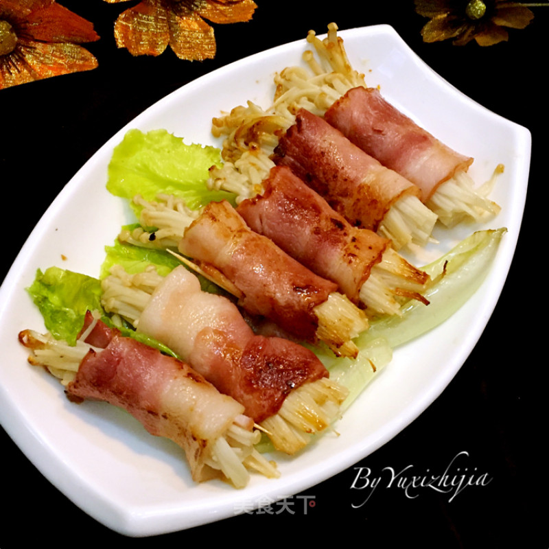 Pan-fried Enoki Mushroom and Bacon Roll recipe