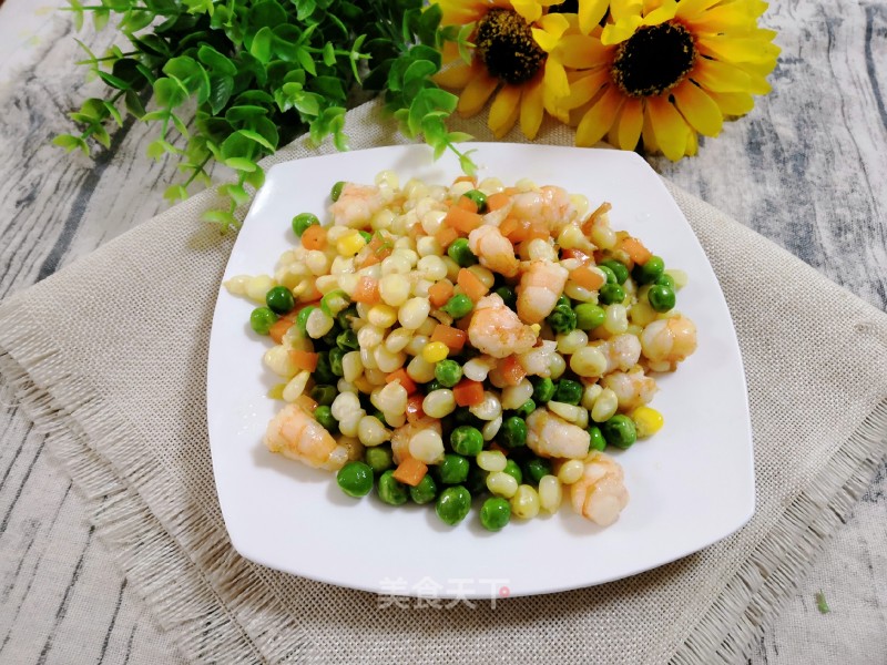 Fried Shrimp with Corn and Peas recipe