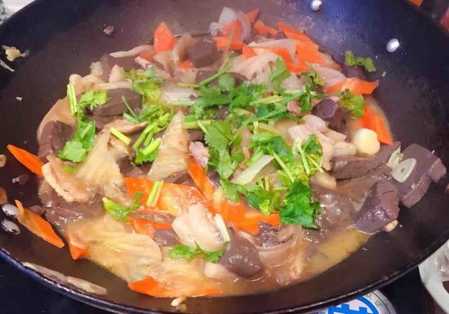 Pork Belly Stewed Duck Blood and Seasonal Vegetables recipe