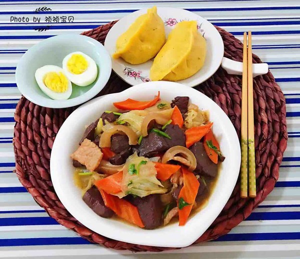 Pork Belly Stewed Duck Blood and Seasonal Vegetables recipe