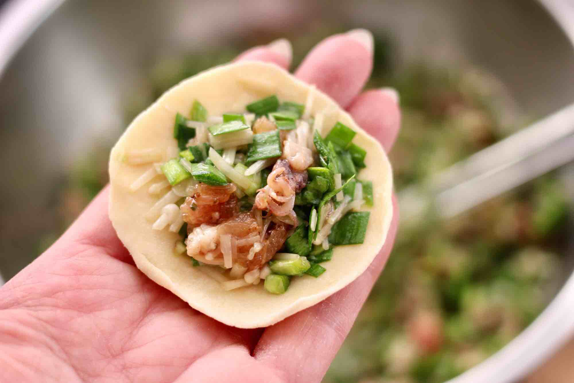 Diced Pork, Enoki Mushroom and Squid Dumplings recipe