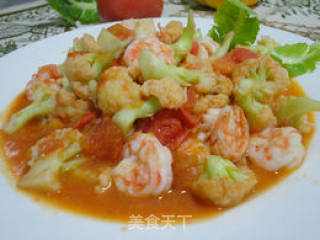 Stir-fried Shrimp Balls with Tomato and Cauliflower recipe