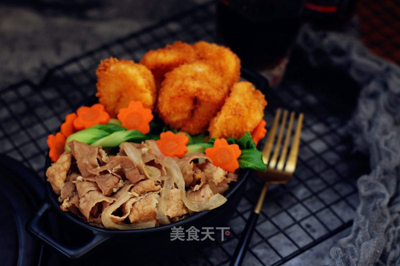 Gyudon Fried Shrimp Double Combo Rice recipe