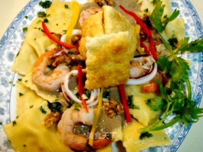 Seafood Ravioli with Walnut and Mushroom Sauce recipe