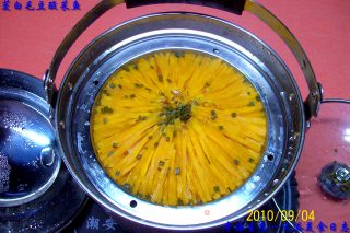 Auspicious Pumpkin, Golden Chrysanthemum, Wild Soybeans, Pickled Cabbage, Fish, Tea Tree, Mushrooms, Dried Bamboo Shoots, and Roasted Pork. recipe