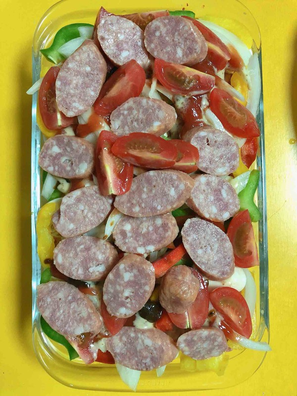 Baked Rice with Fresh Vegetables and Beef Sausage recipe