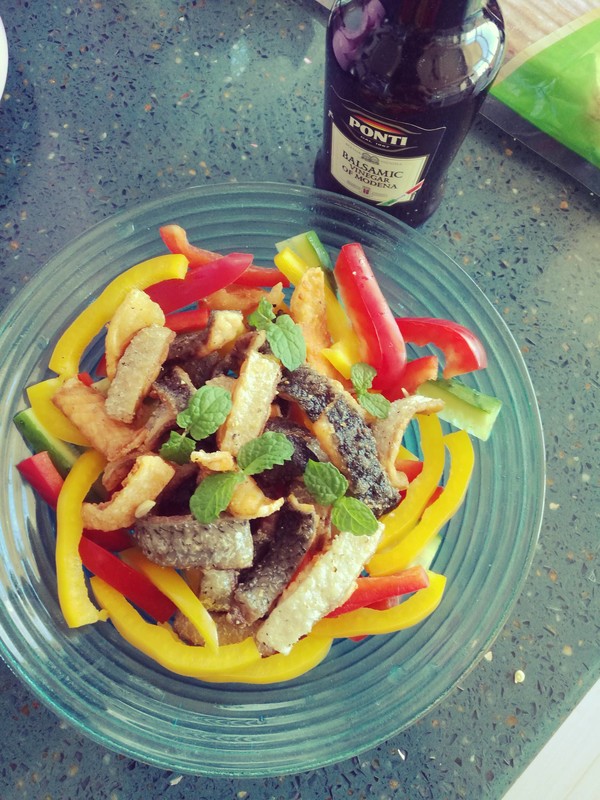 Salmon Skin Salad with Colored Peppers recipe