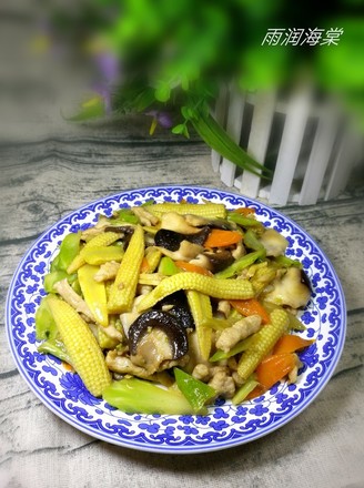 Stir-fried Pork with Corn Shoots and Mushrooms