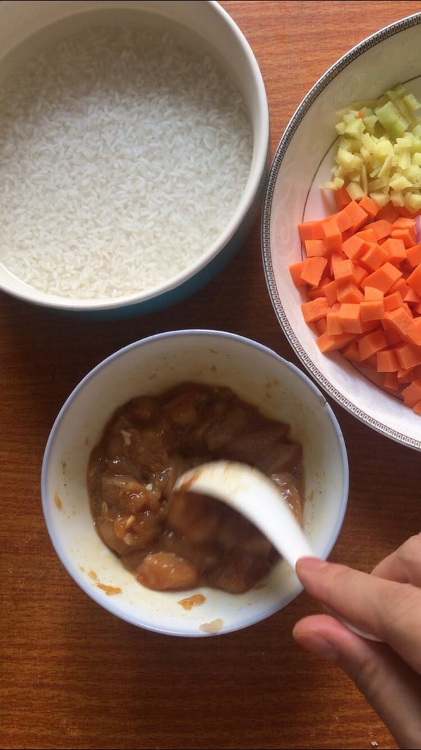 Cooked Rice with Three Vegetables Diced Pork recipe
