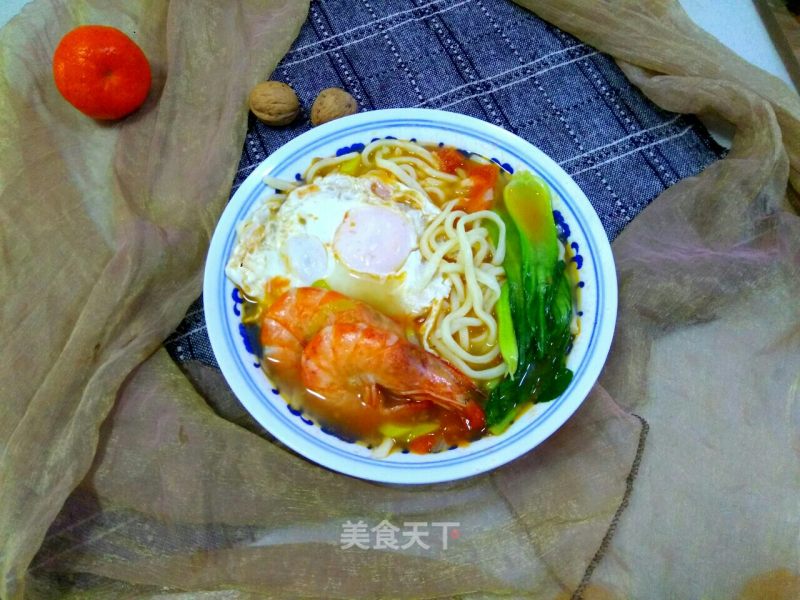 Shrimp and Omelette Tomato Noodle Soup recipe