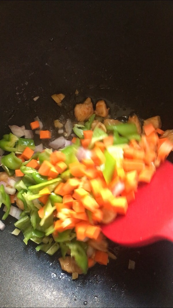 Cooked Rice with Three Vegetables Diced Pork recipe