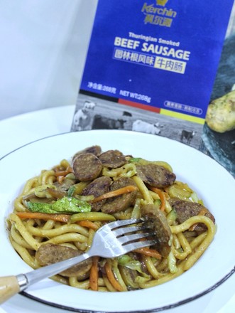 Fried Noodles with Beef Sausage and Udon