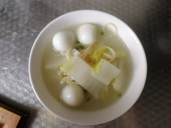 Quick Breakfast Noodle Soup with Vegetables and Quail Eggs recipe
