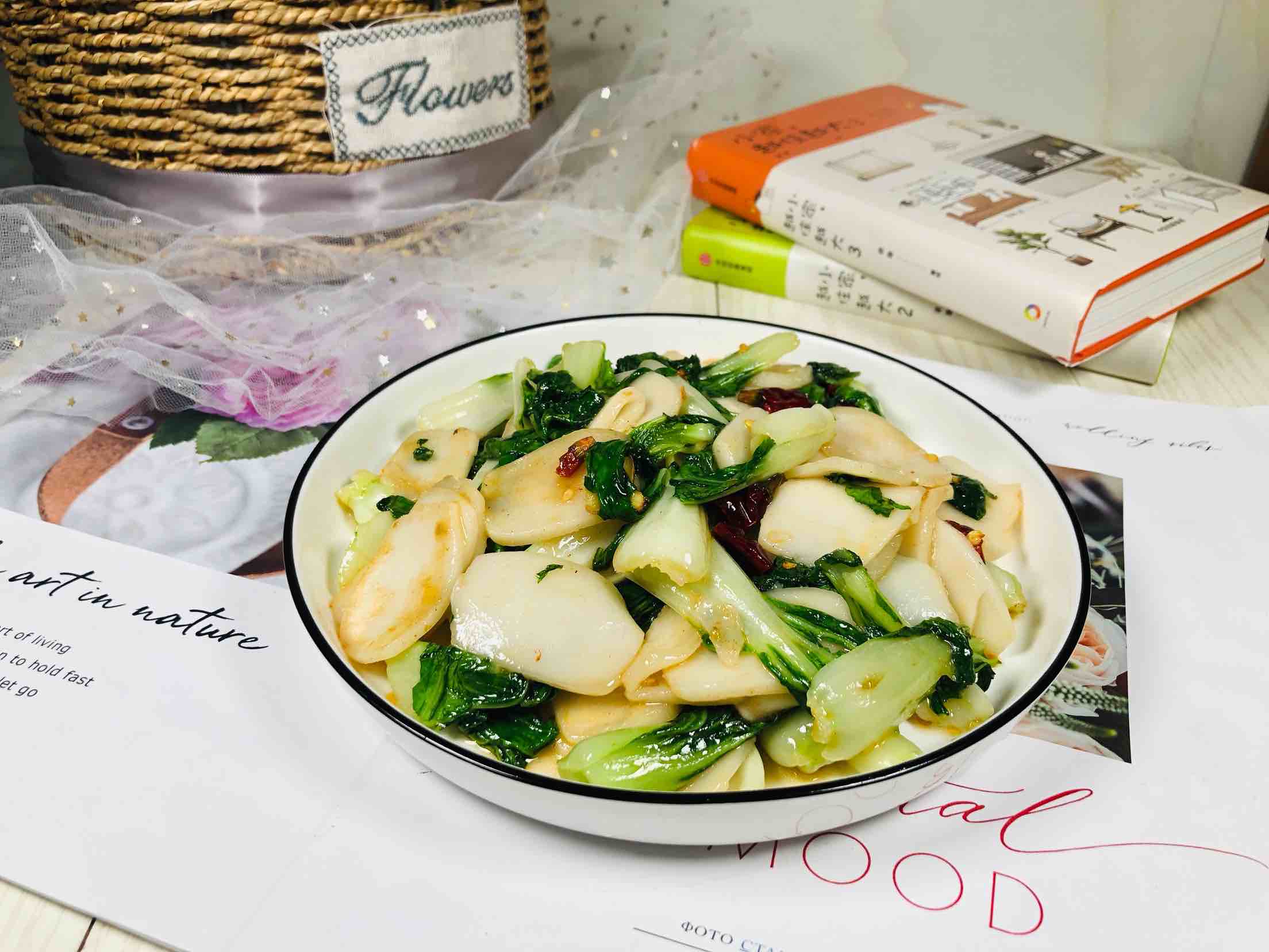 Stir-fried Rice Cake with Green Vegetables recipe