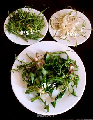 #春食野菜香# Dandelion, Small Root Garlic, Willow Sprouts ~ Edible Wild Vegetables Dipping Sauce recipe