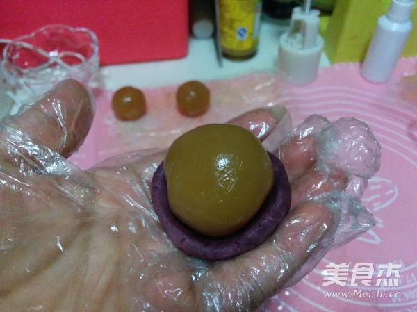 Peach Mountain Mooncake with Purple Sweet Potato and Egg Yolk recipe