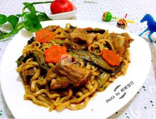 Braised Noodles with Spare Ribs and Eggplant recipe