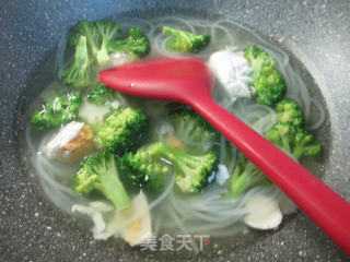 Salted Duck Egg Broccoli Rice Noodle Soup recipe